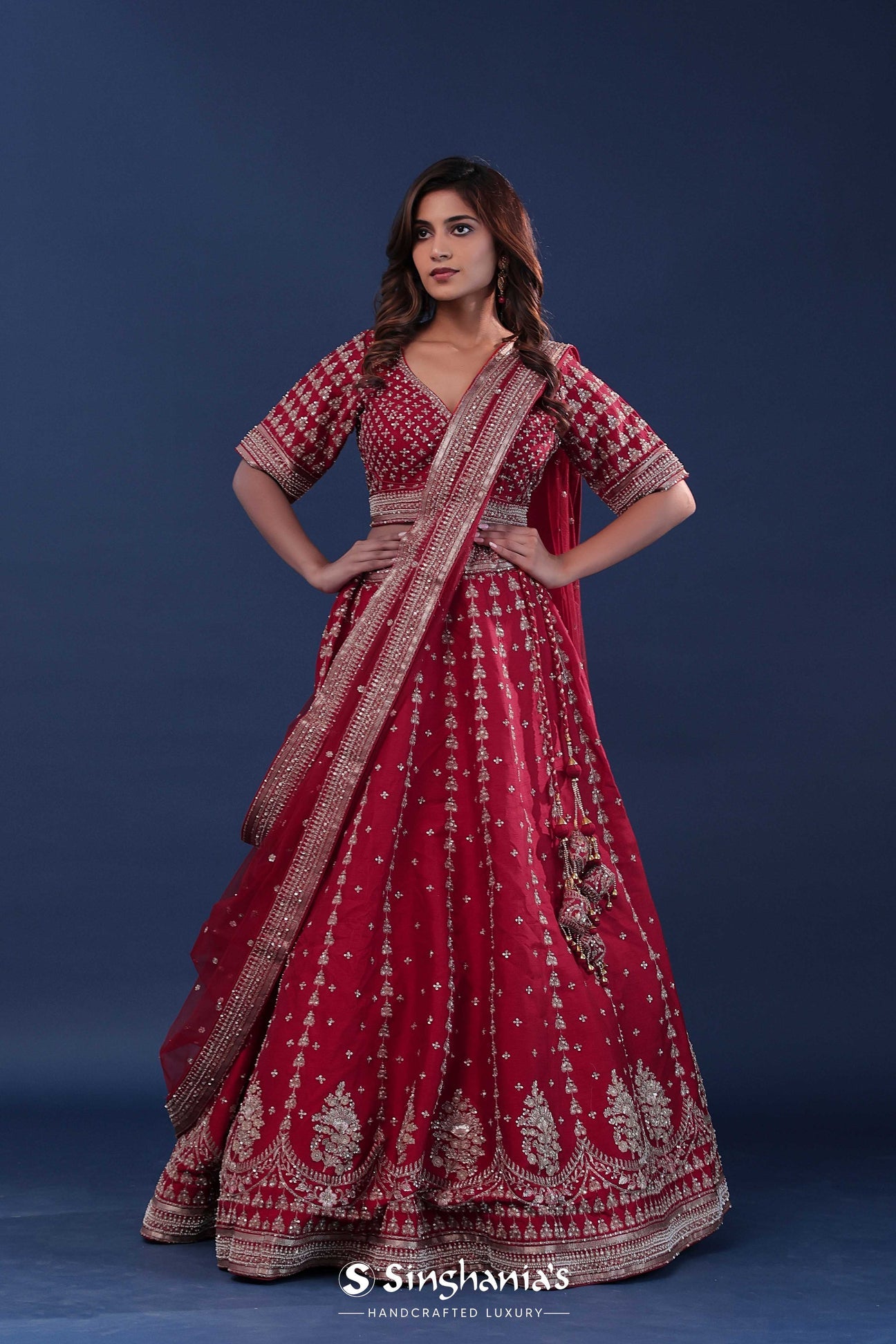 Maroon Raw Silk Lehenga Set With Netted Dupatta