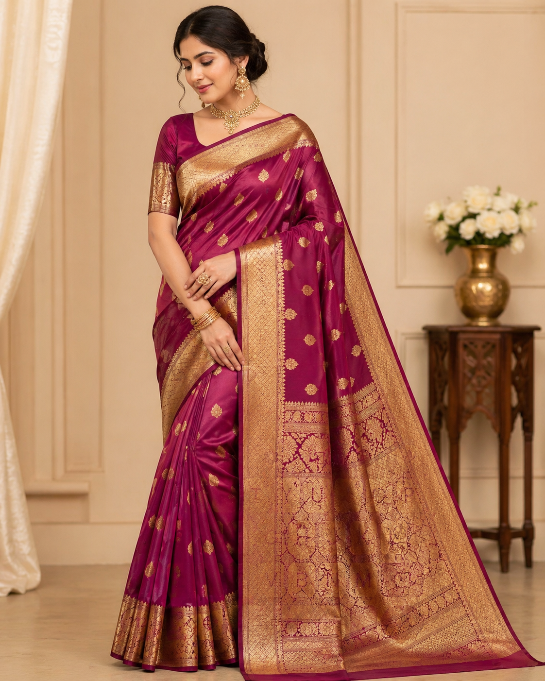 Royal Magenta Kanjivaram Silk Saree with Golden Zari Border (Wedding & Party Wear)