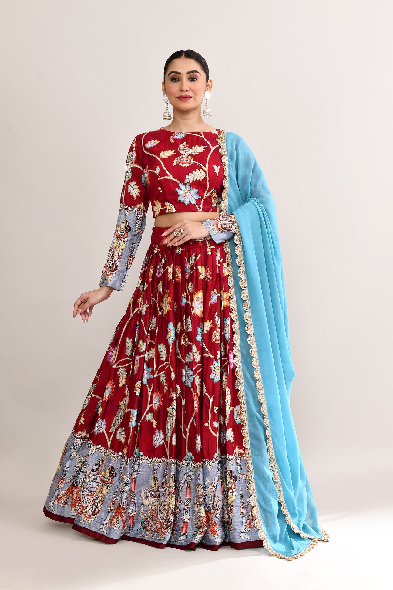 Maroon Raw Silk Kalamkari Lehenga Set