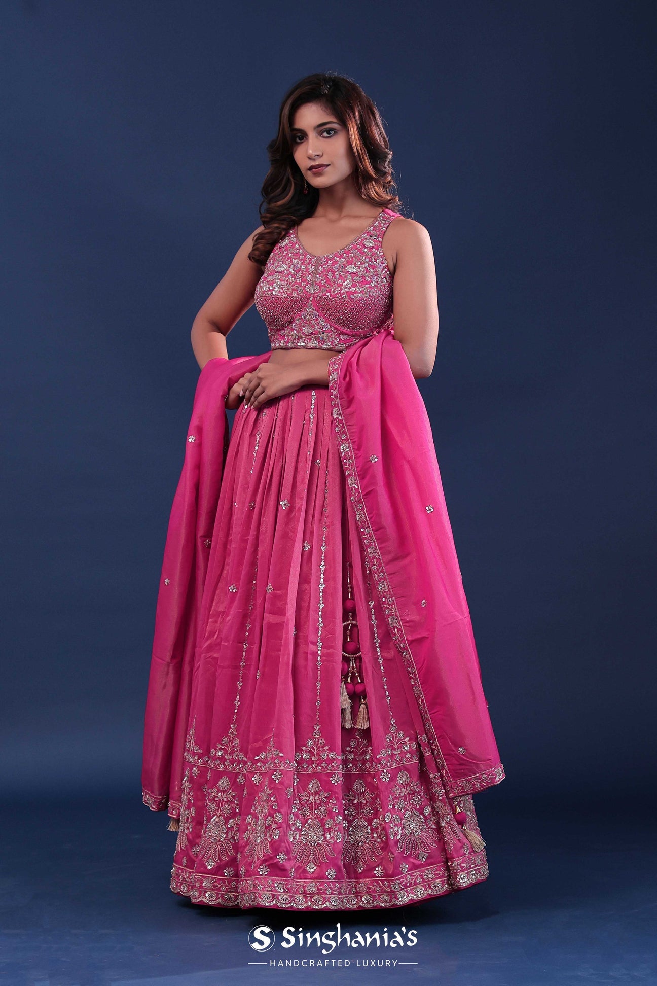 Deep Pink Silk Lehenga Set With Net Dupatta