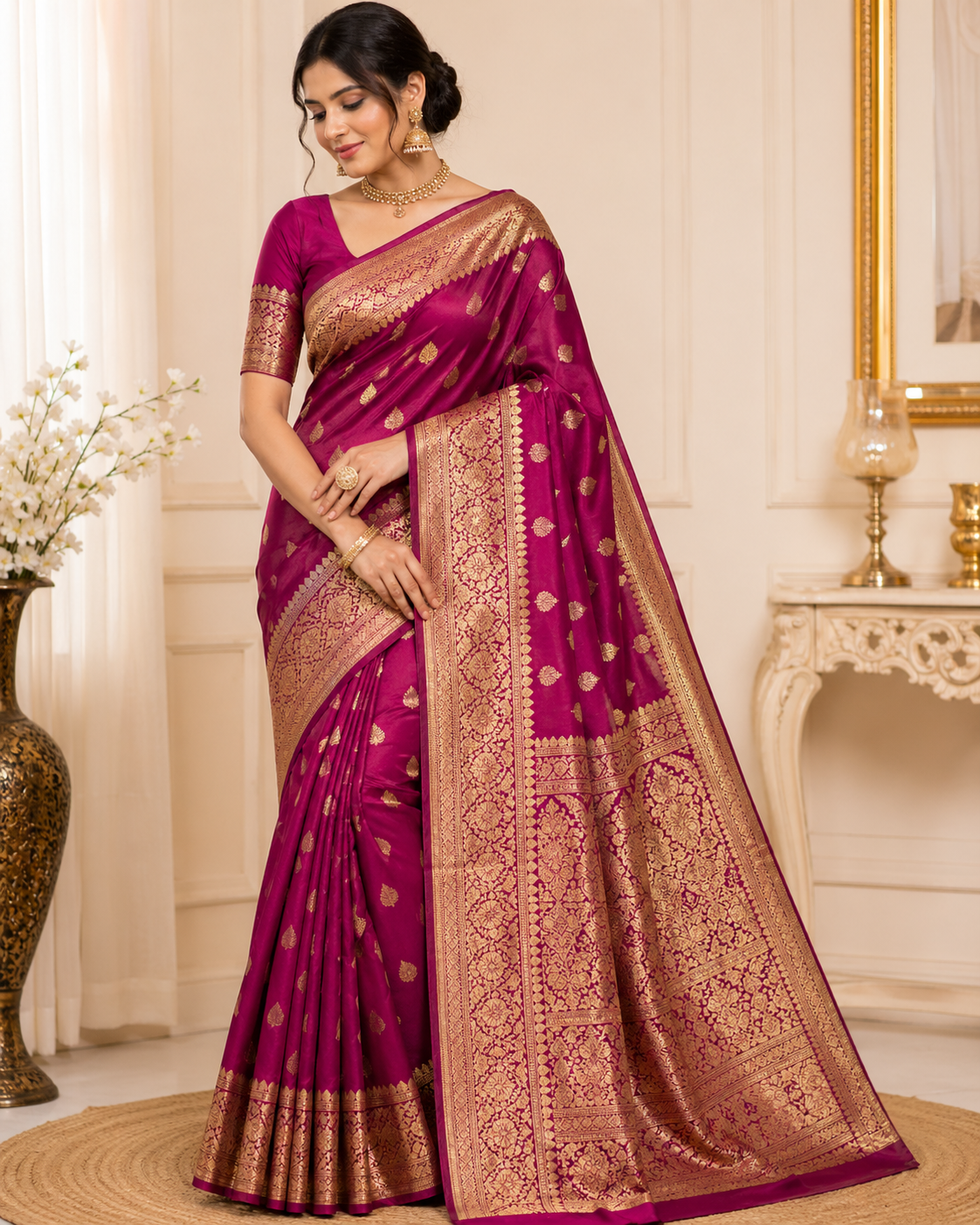 Elegant Magenta Banarasi Silk Saree with Rich Golden Zari Work (Wedding Special)