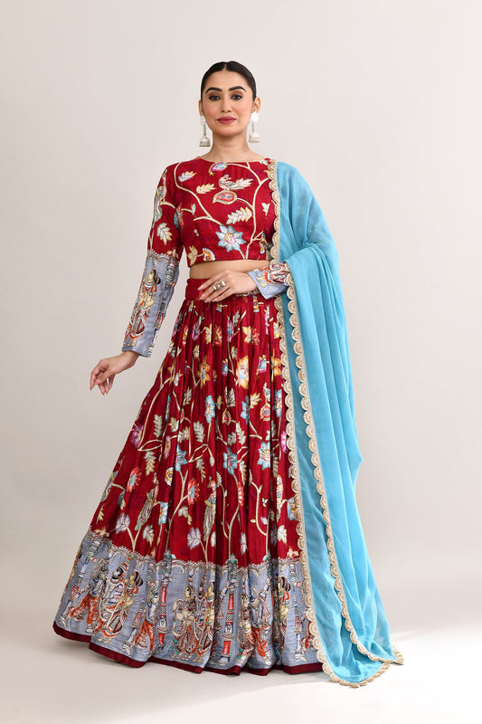 Maroon Raw Silk Kalamkari Lehenga Set
