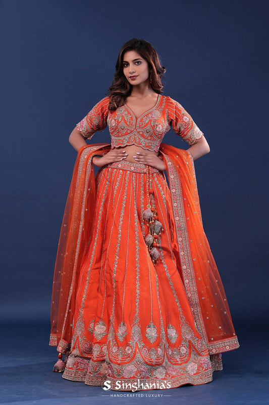Orange Raw Silk Lehenga Set With Netted Dupatta